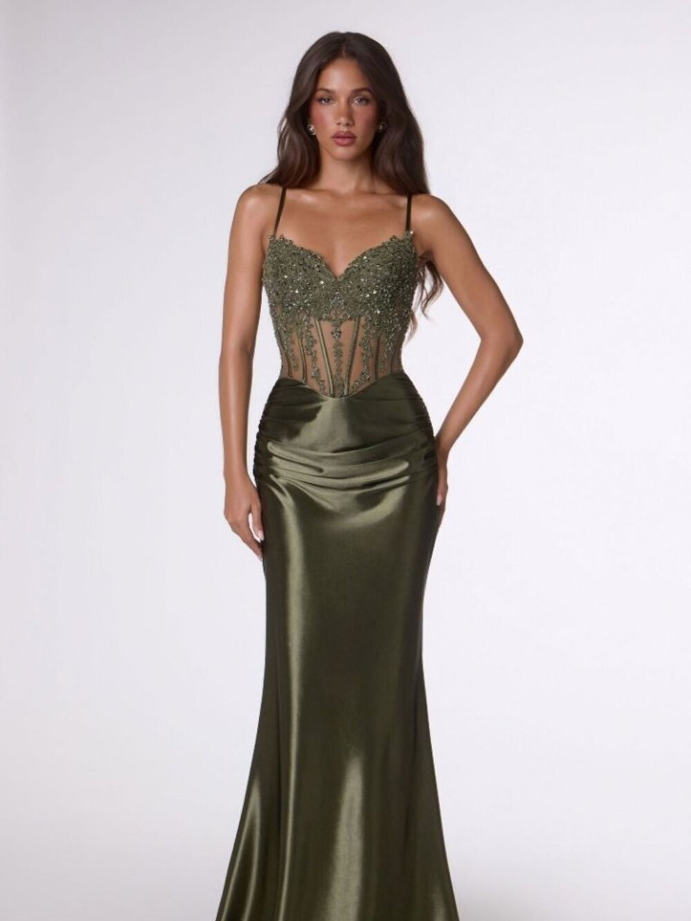 New Soft Satin Olive Evening Maxi Beaded Gown w/ Sheer Boned Bodice CD T819